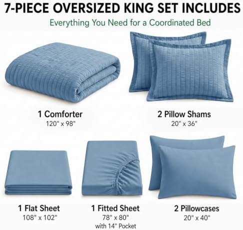 HIMEET Oversized King Comforter Set, 7-Piece Seersucker, Grayish Blue