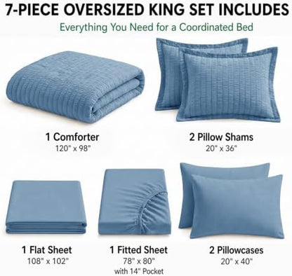 HIMEET Oversized King Comforter Set, 7-Piece Seersucker, Grayish Blue