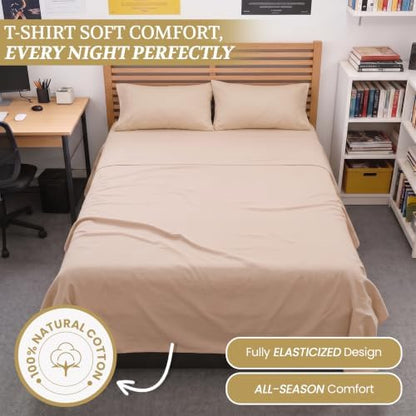 Full XL 100% Cotton Jersey Knit Sheet Set, 4PC, 15" Deep Pocket, Beige