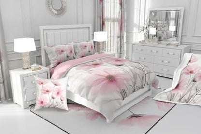 jejeloiu Floral Flower Comforter Set Queen Size Kids Pink Wildflower Bedding Set for Boys Girls Teens Botanical Duvet Breathable Minimalist Aesthetics Quilt Bedroom Decor,1 Comforter with 2 Pillowcase