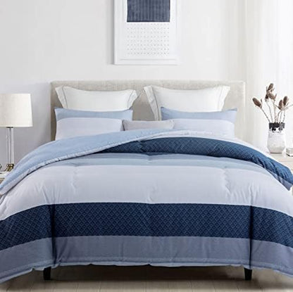 SLEEPBELLA Comforter King Size, 600 Thread Count Cotton White and Navy Striped Patchwork Reversible Pattern Reversible Blue Comforter Set,Down Alternative Bedding Set 3Pcs (King, Blue Patchwork)