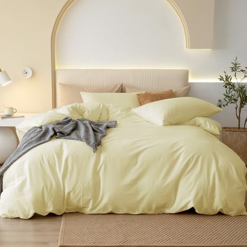 JIYUAN King Washed Cotton Duvet Cover Set, 3-Piece, Relaxed Linen Feel