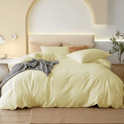 JIYUAN King Washed Cotton Duvet Cover Set, 3-Piece, Relaxed Linen Feel