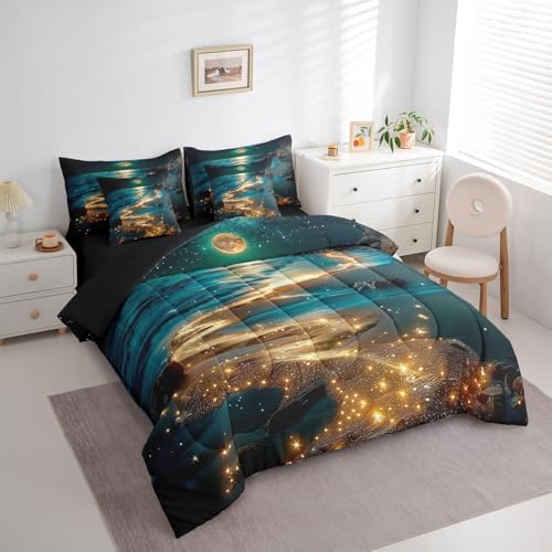 Feelyou Moonlight Beach Comforter Set 7 Pieces Twin Size Seaside Moon Bedding Set for Boys Girls Ocean Bed in a Bag with Comforter, Sheets, Pillowcases & Cushion Covers