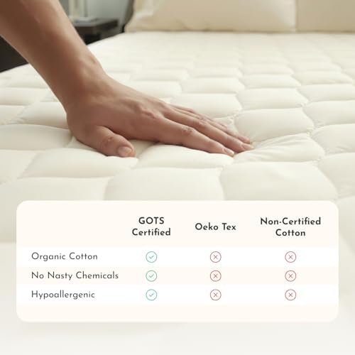 100% Cotton Organic Mattress Protector | Breathable & Noiseless GOTS Organic Mattress Pad with Premium 300GSM Durability | Machine Washable Quilted Bed Protector with Deep Pocket (Ivory, Cal King)