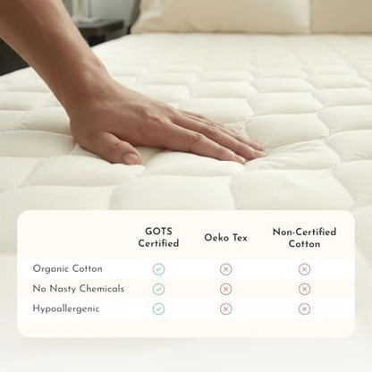 100% Cotton Organic Mattress Protector | Breathable & Noiseless GOTS Organic Mattress Pad with Premium 300GSM Durability | Machine Washable Quilted Bed Protector with Deep Pocket (Ivory, Cal King)
