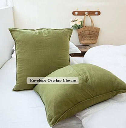 Simple&Opulence 100% Washed Linen Euro Shams 26'' x 26'' Pack of 2, Basic Style Solid Color Natural Flax Farmhouse Decorative Square Throw Pillow Covers for Bed Couch Sofa - Olive Green