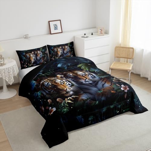 Couple Tiger Kids Comforter Set Full Size,Floral Palm Leaf Tropical Plant Botanical Bedding Set,Girls Boys Room Decor,Wild Animal Tiger Fur Quilt Comforter,Brown Rustic Duvet Insert,2 Pillowcases