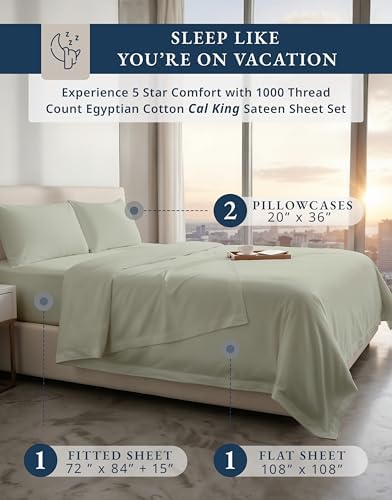 LANE LINEN Cali King Sheets 100% Egyptian Cotton Sateen - Mineral