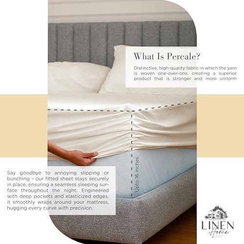 Linen Home 100% Cotton Percale Cal King Sheets 4Pc Cooling Set, Ivory