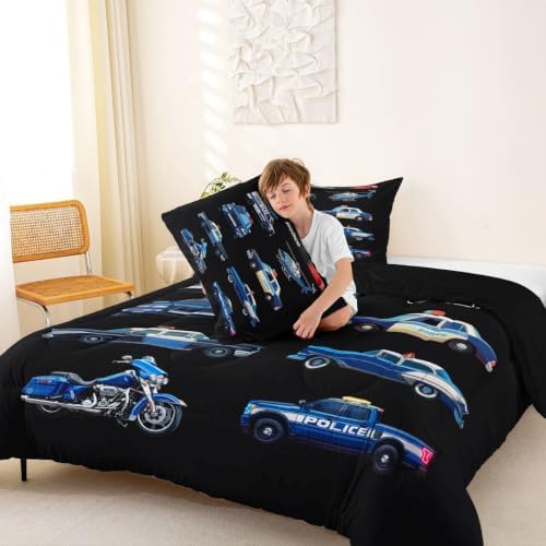 Feelyou Police Car Comforter Set Queen Size 3 Pcs Kids Boys Girls