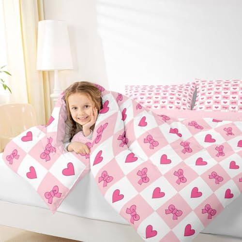 jejeloiu Girls Pink Bow Kids Comforter Set Full Size Bow Bedding Set Cute Bowknot Duvet Quilt for Kids Boys Girls Bedroom Decor Microfiber Ultra Soft Breathable