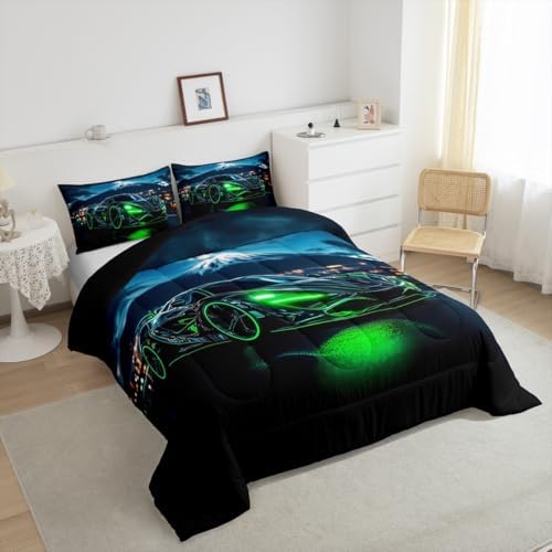 Green Race Car Toddler Comforter Set for Boys,3D Emerald Green Racing Car Bedding for Kids Teen,Cool Speed Cars Down Comforter for Adults Extreme Sports Gaming Quilt Bed Set Lightweight Duvet Insert