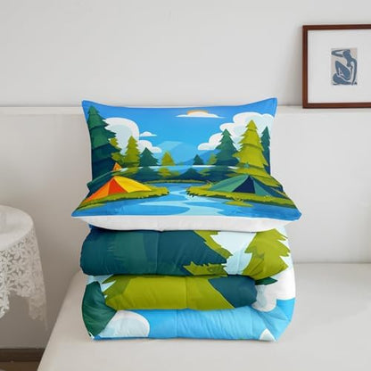Happy Camping Comforter Set King Size,Camper Adventure Theme Bedding Set for Kids Teens Adults Room Decor,Nature Scenery Quilt Set 3Pcs,Tents River Tree Blue Sky Cloud Duvet Insert,2 Pillowcases