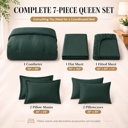CozyLux Queen Comforter Set Forest Green, 7 Pieces Bed in a Bag