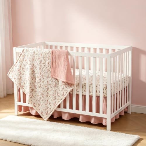 Organic Cotton Muslin Baby Crib Bedding Set 3 Piece Soft for Infant Newborn Toddler Boys Girls 52"x28", Nursery Bed Quilt Set Decor with Fitted Crib Sheet, Floral Quilted Comforter Blanket, Bed Skirt