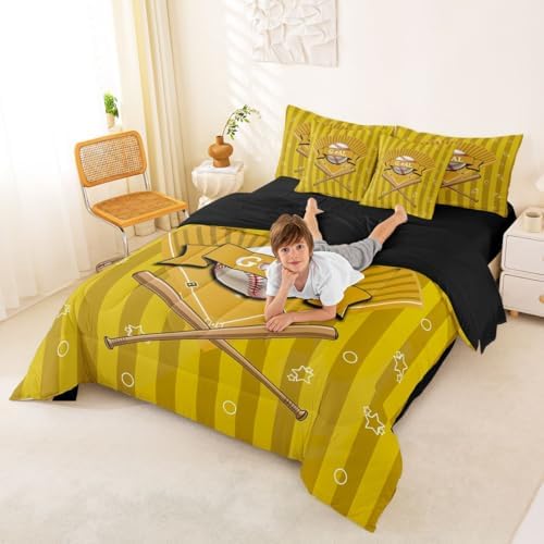 Erosebridal Sports Baseball Theme Yellow Gaming Pattern 7 Piece Bedding Set Twin | Boys Kids Ball Games Boys Comforter Set with Sheets Playground Bed in A Bag Stripes Geometric Bed Sets