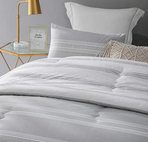 SLEEPBELLA Comforter Queen Size, 600 Thread Count Cotton Light Gray & White Stripes Reversible Pattern Grey Comforter Sets,Down Alternative Bedding Set 3Pcs (Queen, Grey Stripes)
