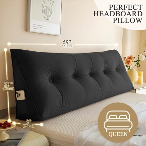 DANGHOOGY Headboard Pillow Queen, Large Triangular Wedge Headboard Pillow for Reading and Resting, Backrest Positioning Support Pillow with Removable Cover (Black)