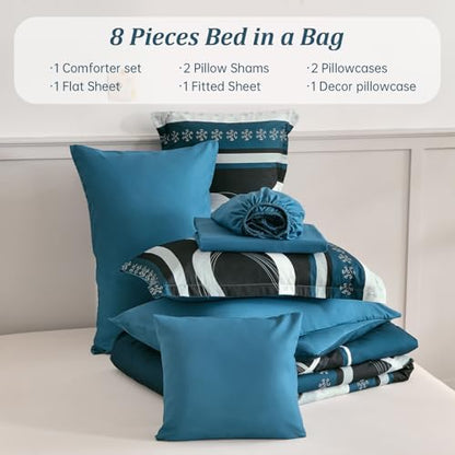 Anibedding Comforter Set Queen Size,8 Piece Teal Boho Bed in a Bag