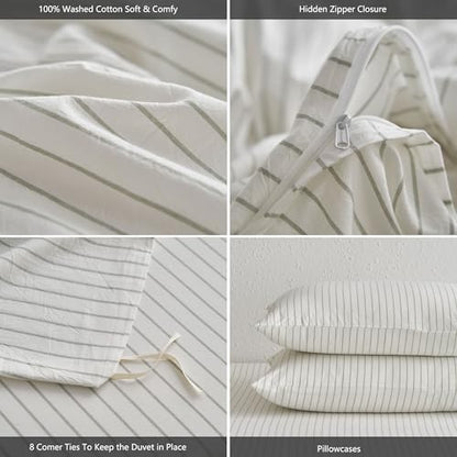 MooMee Striped Duvet Cover Set 100% Washed Cotton Linen Like Alaska King