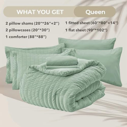 HYMOKEGE Sage Green Queen Comforter Set Seersucker 7 Pieces, All Season Luxury Bed in a Bag for Bedroom, Bedding Set with Comforters, Sheets, Pillowcases & Shams