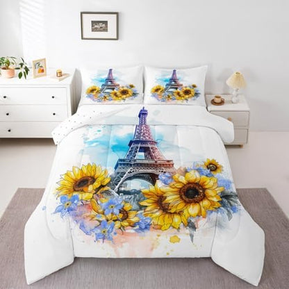 Eiffel Tower Comforter Set Twin Size for Girls Women French Eiffel Tower Bedding Pink Purple Tie-Dye Print Bedding Comforter Sets Romantic Paris Decor for Bedroom Duvet Insert French Style Quilt