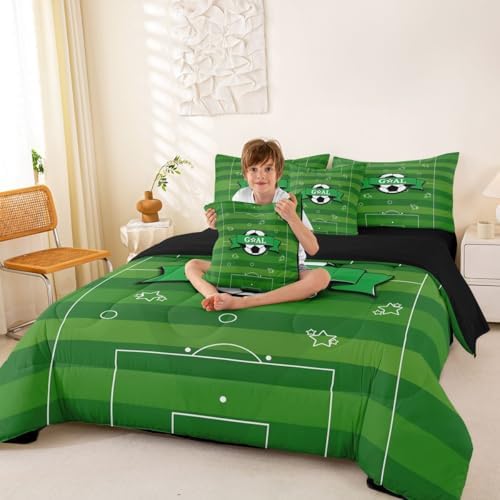 Erosebridal Soccer Green Gaming Boys Kids Football Court 7 Piece Bedding Set Twin | Hexagon Honeycomb Comforter Set with Sheets Striped Bed in A Bag Sports Theme Playground Bed Sets