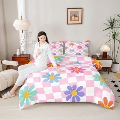 jejeloiu Cute Floral Comforter Set Full Size Pink White Checkerboard Bedding Set for Kids Boys Girls Colorful Daisy Duvet Quilt Plaid Grid Bedroom Decor Microfiber 3 Pcs with 2 Pillow Cases