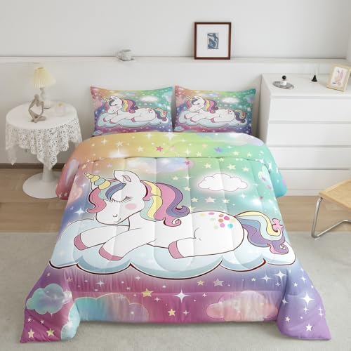 Unicorn Horse Bedding King for Girls,Kids Rainbow Unicorn Comforter Set Cartoon Cute Galaxy Unicorn Comforter for Kids Toddler Bed,Pastel Tie Dye Comforter Set Glitter Stars Quilt Duvet 3 Pcs