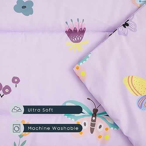 Wake In Cloud - Cot Nap Mat with Pillow and Blanket, for Toddler Kids Girls in Daycare Kindergarten Preschool Pre K with Elastic Corner Straps, Cute Butterfly Flowers, Purple