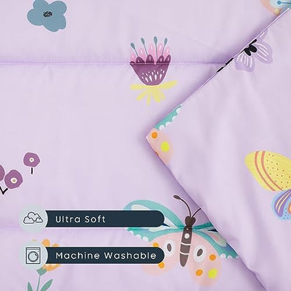 Wake In Cloud - Cot Nap Mat with Pillow and Blanket, for Toddler Kids Girls in Daycare Kindergarten Preschool Pre K with Elastic Corner Straps, Cute Butterfly Flowers, Purple