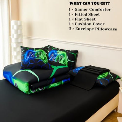 ZRNBAST Blue Green Gamer Comforter Set Full Size Boys Gaming Bed in a Bag