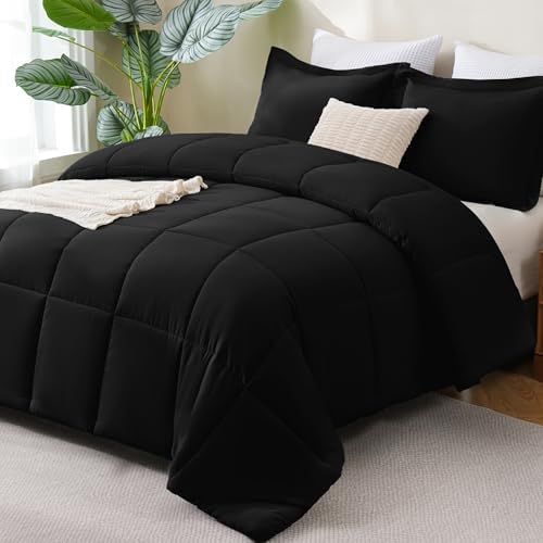 CozyLux Oversized King Comforter Set, 3-Piece Box-Stitched, Black