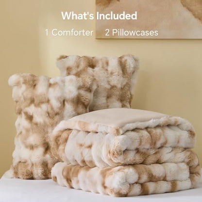 BEDELITE Tie Dye Faux Fur Comforter Set King,Thick Winter Comforter,Beige