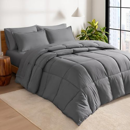 Bare Home Bed-in-A-Bag 7 Piece Comforter & Sheet Set - Split Head King - Down Alternative - Ultra-Soft 1800 Premium Bedding Set (Split Head Flex King, Grey/Grey)