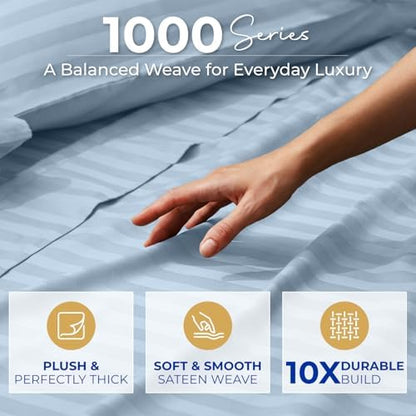THREAD SPREAD Egyptian Cotton Sheets King Size - 1000 Series High Thread Count Cotton King Size Sheets Set (4 PC, Light Blue - Stripe), 16" Snug Fit Deep Pocket, Sateen Ultra-Soft Hotel Luxury Sheet