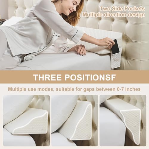 Yojoker Full Size Bed Wedge Pillow for Headboard Gap, Wedge Pillow Headboard with Side Pockets and Wave Contour, High-Density Foam Bed Gap Filler (0-6"), 55x10x6 Inch, White