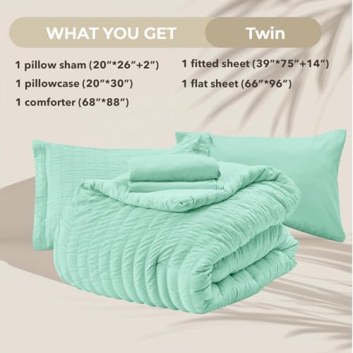 HYMOKEGE Mint Green Twin Comforter Set Seersucker 5 Pieces, All Season Luxury Bed in a Bag for Bedroom, Bedding Set with Comforter, Sheets, Pillowcase & Sham