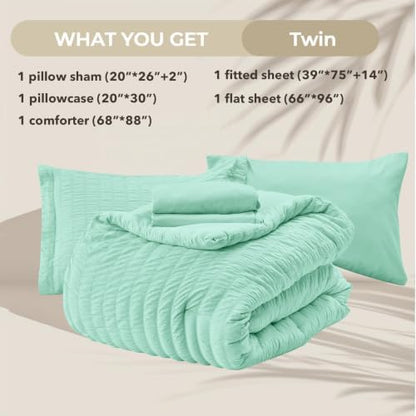 HYMOKEGE Mint Green Twin Comforter Set Seersucker 5 Pieces, All Season Luxury Bed in a Bag for Bedroom, Bedding Set with Comforter, Sheets, Pillowcase & Sham