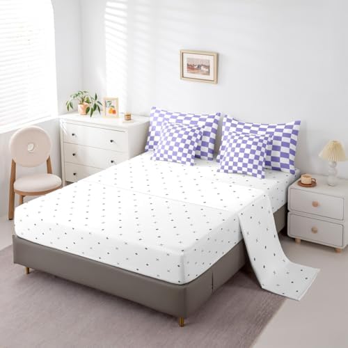 Feelyou Checkered Retro Comforter Set with Sheets 7 Piece Full Size Purple Plaid Bedding Set for Kids Boys Girls Geometric Vintage Bed in a Bag Modern Simple Groovy Aesthetic Room Decor Soft