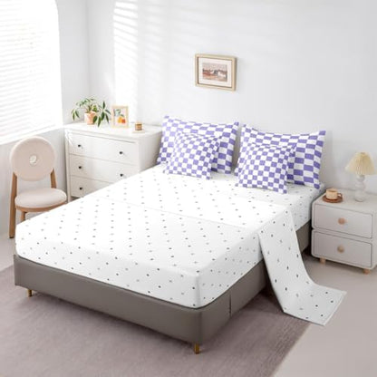 Feelyou Checkered Retro Comforter Set with Sheets 7 Piece Full Size Purple Plaid Bedding Set for Kids Boys Girls Geometric Vintage Bed in a Bag Modern Simple Groovy Aesthetic Room Decor Soft