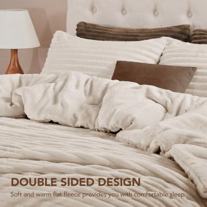 HYLEORY Fluffy King Comforter Set 3 Pieces - Fleece Fluffy Soft & Warm Plush Linen Comforter Sets, Luxury Fuzzy Bedding Sets, All Season Heavy Bed Set Twin Size with 2 Pillowcases