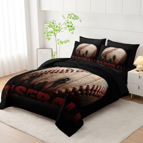 7pcs Baseball Comforter Set 3D Sports Themed Printed Bedding Set with 1 Comforter, 1 Flat Sheet, 1 Fitted Sheet and 4 Pillowcases for Boys and Girls Bedroom (Baseball Full