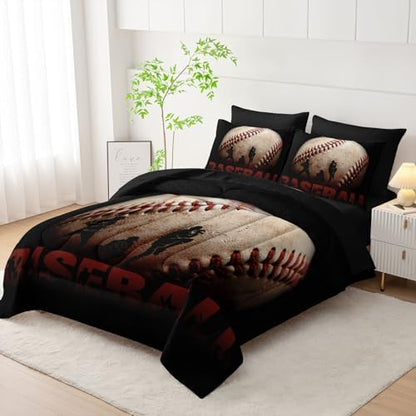 7Pcs Baseball Comforter Set 3D Sports Themed Printed Bedding Set with 1 Comforter, 1 Flat Sheet, 1 Fitted Sheet and 4 Pillowcases for Boys and Girls Bedroom (Baseball Twin