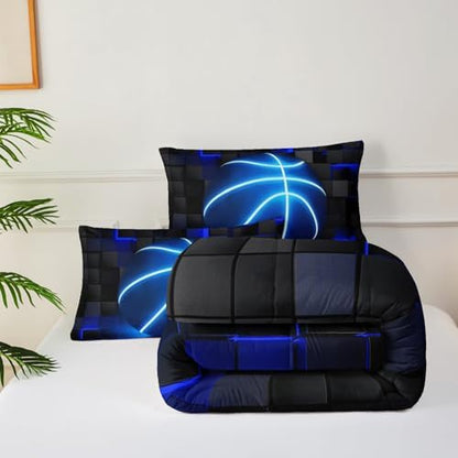 3Pcs Football Comforter Set Full Size for Teen Boys Girls,Soccer Quilt Set,Blue Black Honeycomb Comforter Set, 3D Geometric Grid Theme Ball Sport Bedding Set