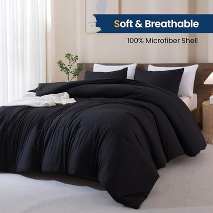 Paxrac Black Comforter Set King Size, Modern 3 Pieces Comforter Set, Lightweight & Fluffy Solid Bedding Set, All Seasons Soft Breathable King Comforter Set (104x90In Comforter & 2 Pillowcases)