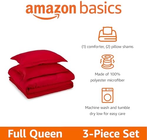 Amazon Basics 3-Piece Soft Microfiber Kids' Comforter and Pillow Sham Set, Full/Queen, Red, Solid