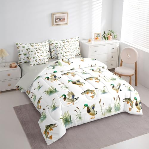 Erosebridal Mallard Duck 7 Piece Bed in A Bag Twin Comforter Set Bass Fish Hunting Bedding Set for Girls Kids Wild Duck Reed Woodland Sheet Set with Comforter Pike Fish Waterfowl Quilt Duvet