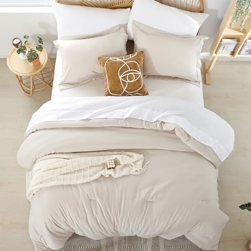 weigelia Beige Full Comforter Set with Sheets - 7 Pieces Bed in a Bag Full